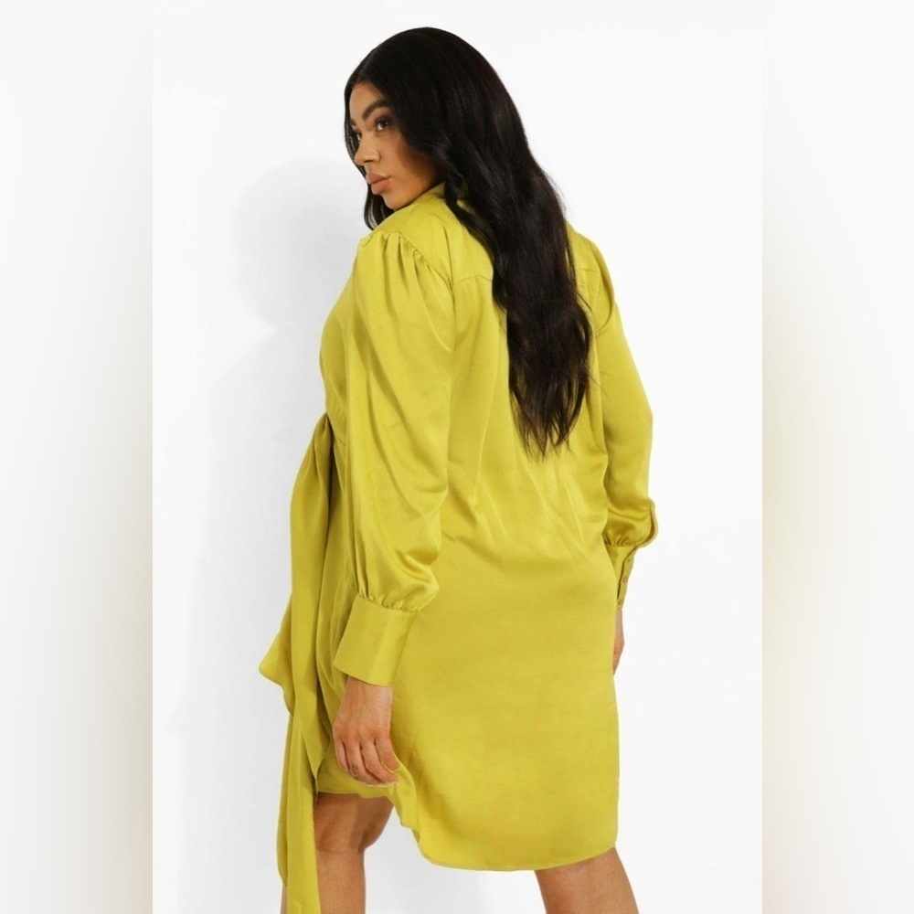Boohoo Chartreuse Long Sleeve Wrap Dress - Picture 3 of 7